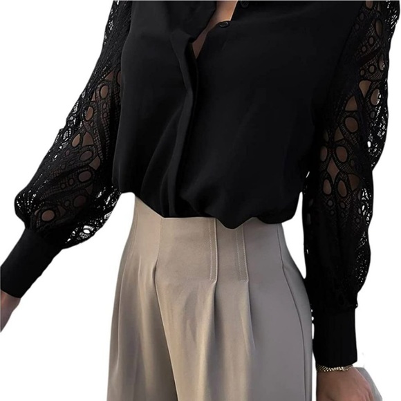 Black Elegant Hollow Out Solid Color Blouse Collar Long Sleeve - Picture 3 of 8